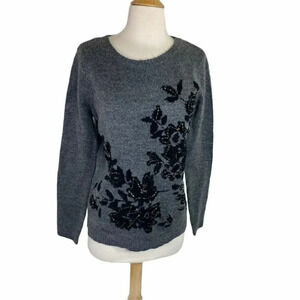 M&Co 10 gray with black ‎ embroidered flowers sweater